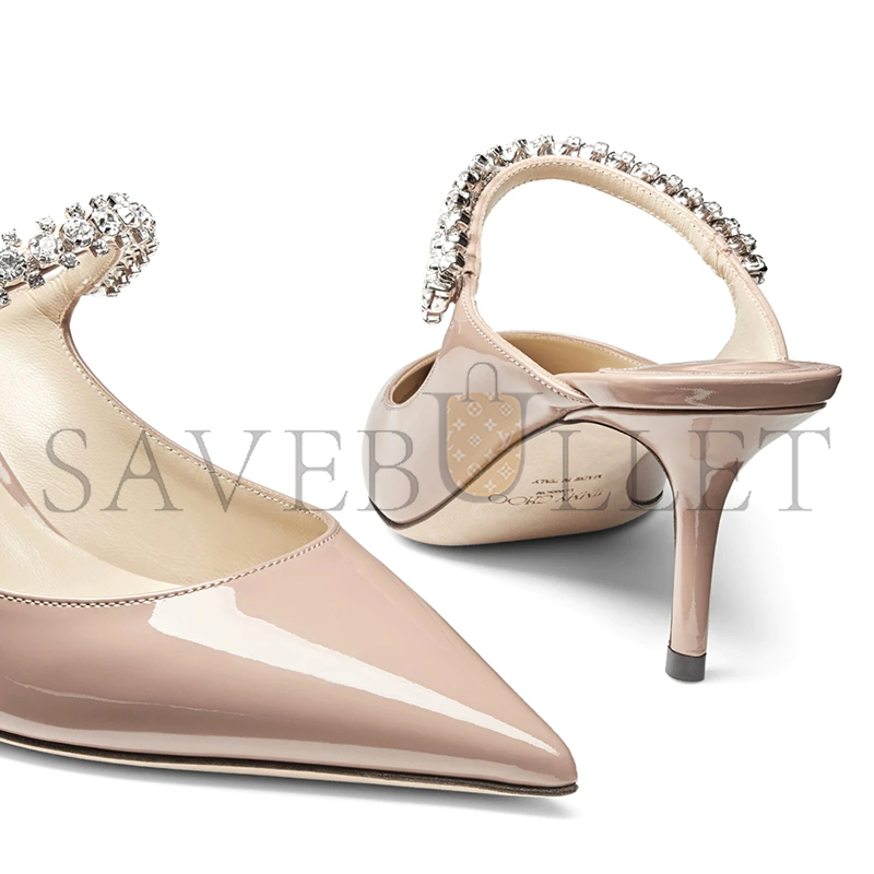 JIMMY CHOO BING 65 BALLET PINK PATENT LEATHER MULES WITH CRYSTAL STRAP BING65PAT